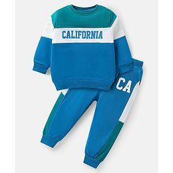 Babyhug Terry Knit Full Sleeves T-Shirt & Lounge Pant Set With Cut & Sew Design & California Print - Blue