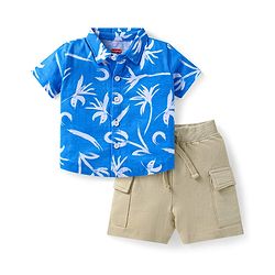 Babyhug Single Jersey Knit Half Sleeves Shirt & Shorts Set with Floral Print - Blue & Beige