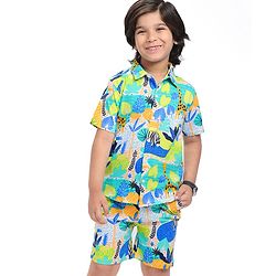 Babyhug Single Jersey Knit Half Sleeves Shirt & Shorts Set With Animal Print - Green