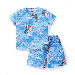 Babyhug Single Jersey Knit Half Sleeves T-Shirt & Shorts Set With Dolphin Print - Light Blue