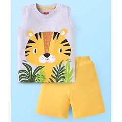 Babyhug Single Jersey Knit Sleeveless Tank T-Shirt & Shorts Set With Tiger Print - Grey & Yellow