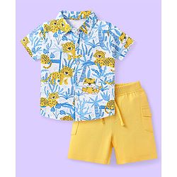 Babyhug Single Jersey Knit Half Sleeves Shirt & Shorts Set with Jungle Theme Print - Light Blue & Yellow