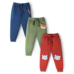 Babyhug Single Jersey Knit Full Length Lounge Pants with Fox Print Pack of 3 - Blue Olive Green & Red