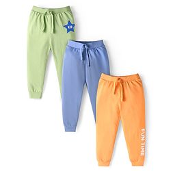 Babyhug Single Jersey Knit Full Length Lounge Pants with Text Print Pack of 3 - Blue Orange & Light Green