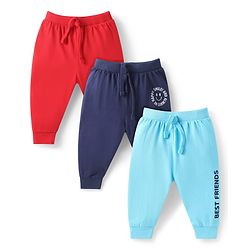 Babyhug Cotton Knit Full Length Text Printed Lounge Pants Pack of 3 - Aqua Blue Navy & Red