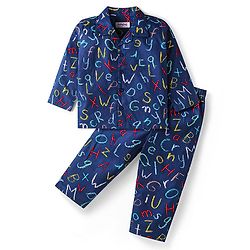 Babyhug Cotton Woven Full Sleeves Night Suit with Alphabet Text Print - Navy Blue