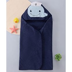 Babyhug Terry Woven Hooded Wrapper with Dolphin Embroidery  L 76.2 x B 76.2 cm - Navy Blue