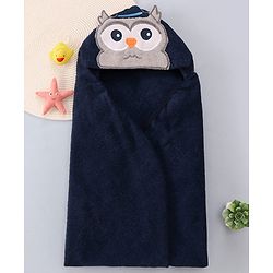 Babyhug Terry Woven Hooded Wrapper with Owl Embroidery  L 76.2 x B 76.2 cm - Navy Blue