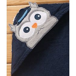 Babyhug Terry Woven Hooded Wrapper with Owl Embroidery  L 76.2 x B 76.2 cm - Navy Blue
