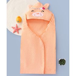 Babyhug Cotton Knit Hooded Wrapper With Animal Embroidery & Ear Applique L 76 x B 76 cm - Peach