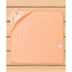 Babyhug Cotton Knit Hooded Wrapper With Animal Embroidery & Ear Applique L 76 x B 76 cm - Peach