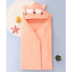 Babyhug Cotton Knit Hooded Wrapper With Cat Embroidery & Ear Applique L 76 x B 76 cm - Peach