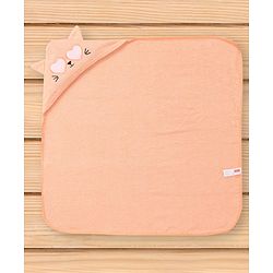 Babyhug Cotton Knit Hooded Wrapper With Cat Embroidery & Ear Applique L 76 x B 76 cm - Peach