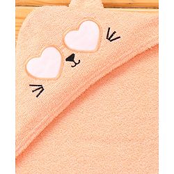 Babyhug Cotton Knit Hooded Wrapper With Cat Embroidery & Ear Applique L 76 x B 76 cm - Peach