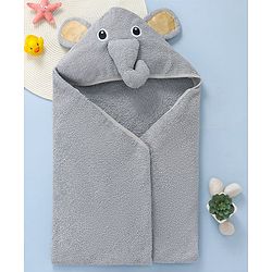 Babyhug Terry Woven Hooded Towel with Elephant Applique L 76.2 x B 76.2 cm - Grey
