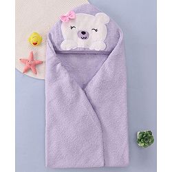 Babyhug Terry Woven Hooded Wrapper with Bear Embroidery & Bow Applique L 76.2 x B 76.2 cm - Lilac