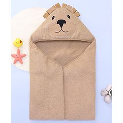 Babyhug Cotton Knit Hooded Wrapper With Bear Face Print & Ear Applique L 76.2 x B 76.2 cm - Brown