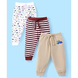 Babyhug Single Jersey Knit Full Length Lounge Pants with Dino Print & Stripes Pack of 3 - White & Tan