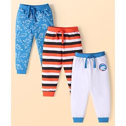 Babyhug Single Jersey Full Length Lounge Pants with Strips & Dino Print Pack of 3 - Blue Grey & Orange