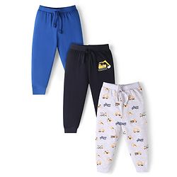 Babyhug Single Jersey Knit Full Length Lounge Pants with Vehicle Print Pack of 3 - Blue Black & Grey