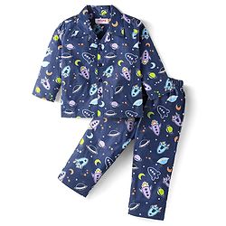 Babyhug Cotton Woven Full Sleeves Front Open Night Suit with Space Print - Navy Print