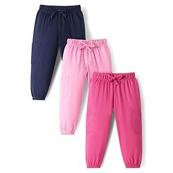 Babyhug Cotton Knit Full Length Solid Color Lounge Pants with Pocket Detailing Pack of 3 - Pink & Navy Blue