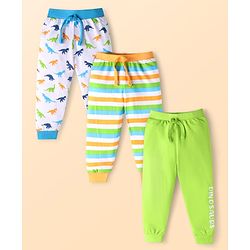 Babyhug Single Jersey Knit Full Length Lounge Pants with Strips & Dino Print Pack of 3 - Neon green Yellow & Blue