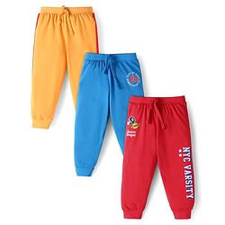 Babyhug Single Jersey Knit Full Length Lounge Pants with Text Print Pack of 3 - Red Blue & Yellow