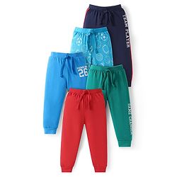 Babyhug Single Jersey Knit Full Length Lounge Pants with Sport Theme Text Print Pack of 5 -  Blue Red & Green
