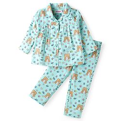 Babyhug Cotton Woven Full Sleeves Night Suit With Teddy Bear & Floral Print - Light Blue