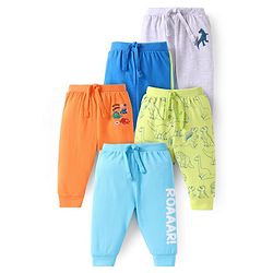 Babyhug Cotton Knit  Full Length Dino Printed Lounge Pants Pack of 5 - Aqua Blue & Green