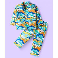 Babyhug Cotton Woven Full Sleeves Night Suit With Sky Print - Light Blue