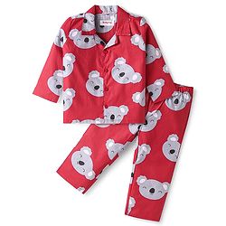 Babyhug Cotton Knit Full Sleeves Night Suit with Bear Print - Red