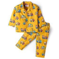 Babyhug Cotton Woven Full Sleeves Night Suit with Vehicle Print - Yellow