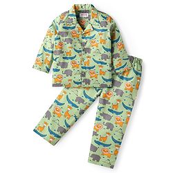 Babyhug Cotton Woven Full Sleeves Night Suit With Dino Print - Green