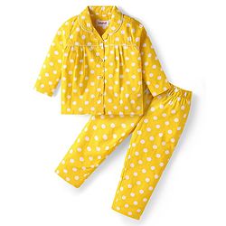 Babyhug Cotton Woven Full Sleeves Night Suit With Polka Dot Print - Yellow