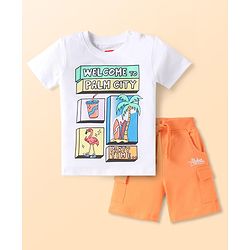 Babyhug Single Jersey Knit Half Sleeves T-Shirt & Shorts Set with Beach Theme Print - Orange & White