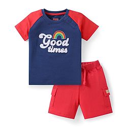 Babyhug Single Jersey Knit Half Raglan Sleeves T-Shirt & Shorts Set With Good Times Print - Navy Blue & Red