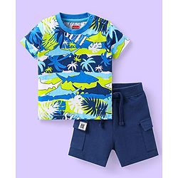 Babyhug Single Jersey Knit Half Sleeves T-Shirt & Shorts Set with Beach Theme Print -  Blue