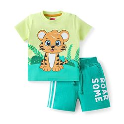 Babyhug Single Jersey Knit Half Sleeves T-Shirt & Shorts Set With Tiger Print - Light Green
