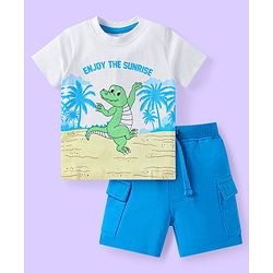 Babyhug Single Jersey Knit Half Sleeves T-Shirt & Shorts Set With Dino Print - White & Blue