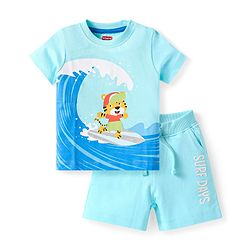 Babyhug Single Jersey Knit Half Sleeves T-Shirt & Shorts Set With Tiger Print - Light Blue