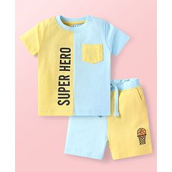 Babyhug Single Jersey Knit Half Sleeves T-Shirt & Shorts Set With Cut & Sew Design & Text Print - Light Blue & Yellow