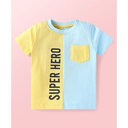 Babyhug Single Jersey Knit Half Sleeves T-Shirt & Shorts Set With Cut & Sew Design & Text Print - Light Blue & Yellow