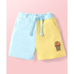 Babyhug Single Jersey Knit Half Sleeves T-Shirt & Shorts Set With Cut & Sew Design & Text Print - Light Blue & Yellow