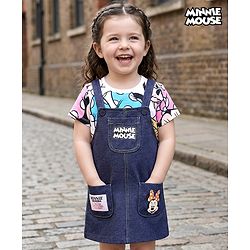 Babyhug Disney Single Jersey Knit Dungaree Style Frock with Half Sleeves T-Shirt & Minnie Mouse Graphics & Badge Detailing - Navy Blue
