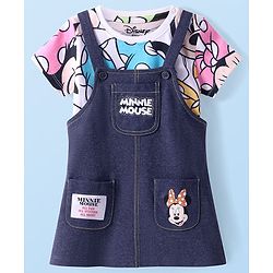 Babyhug Disney Single Jersey Knit Dungaree Style Frock with Half Sleeves T-Shirt & Minnie Mouse Graphics & Badge Detailing - Navy Blue