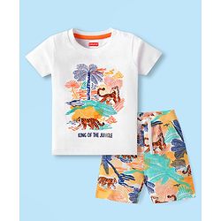 Babyhug Single Jersey Knit Half Sleeves T-Shirt & Shorts Set With Tiger Print - White & Multicolor