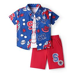 Babyhug Marvel Single Jersey Knit Half Sleeves Spider Man Printed Shirt T-Shirt & Shorts Set - Blue Red & White