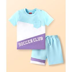 Babyhug Single Jersey Knit Half Sleeves T-Shirt & Shorts Set With Cut & Sew Design & Text Print - Light Blue White & Purple